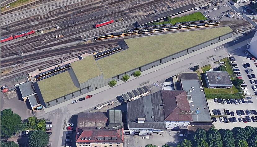Die Entwurfsskizze der AVG zeigt, welche große Fläche die geplante wartungshalle am Hauptbahnhof Heilbronn einnimmt.