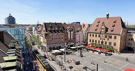 Stadtansichten, Kiliansplatz, Marktplatz, Experimenta und Rathaus Heilbronn, Blick von der Kilianskirche