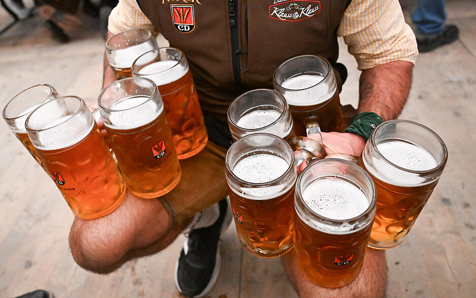 Ein Kellner trägt bei der Eröffnung des Cannstatter Volksfests mehrere Bierkrüge.