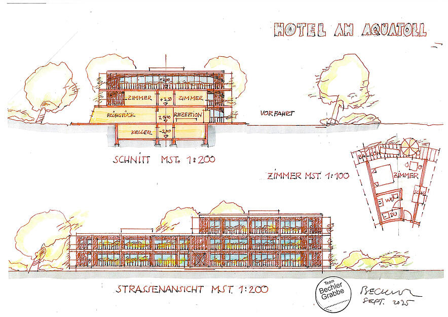 Die Pl&auml;ne zeigen einen Querschnitt des Hotels am Aquatoll (oben) sowie die Stra&szlig;enansicht (unten).