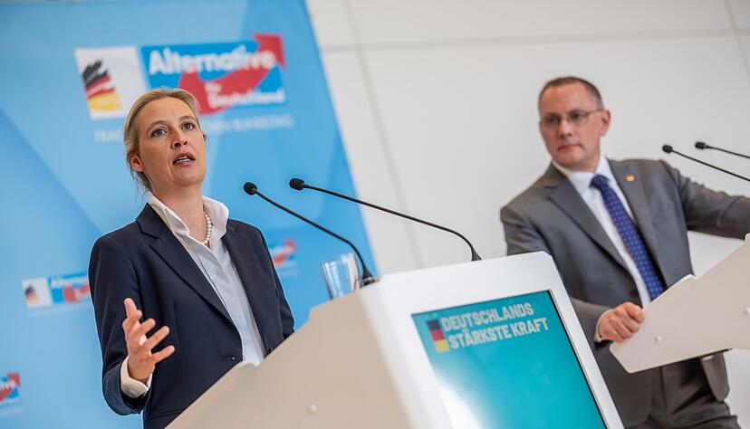 Die AfD von Alice Weidel und Tino Chrupalla hat in j&uuml;ngsten Umfragen klar die Nase vorn. (Archivbild)