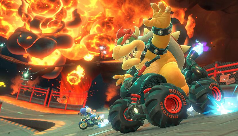 Feuerspeiend unterwegs: Bowser auf einem Quad in «Mario Kart World». Feuerspeiend unterwegs: Bowser auf einem Quad in «Mario Kart World».