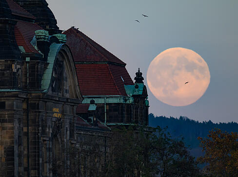 Der Vollmond ging schon am Nachmittag hinter der Staatskanzlei in Dresden auf.