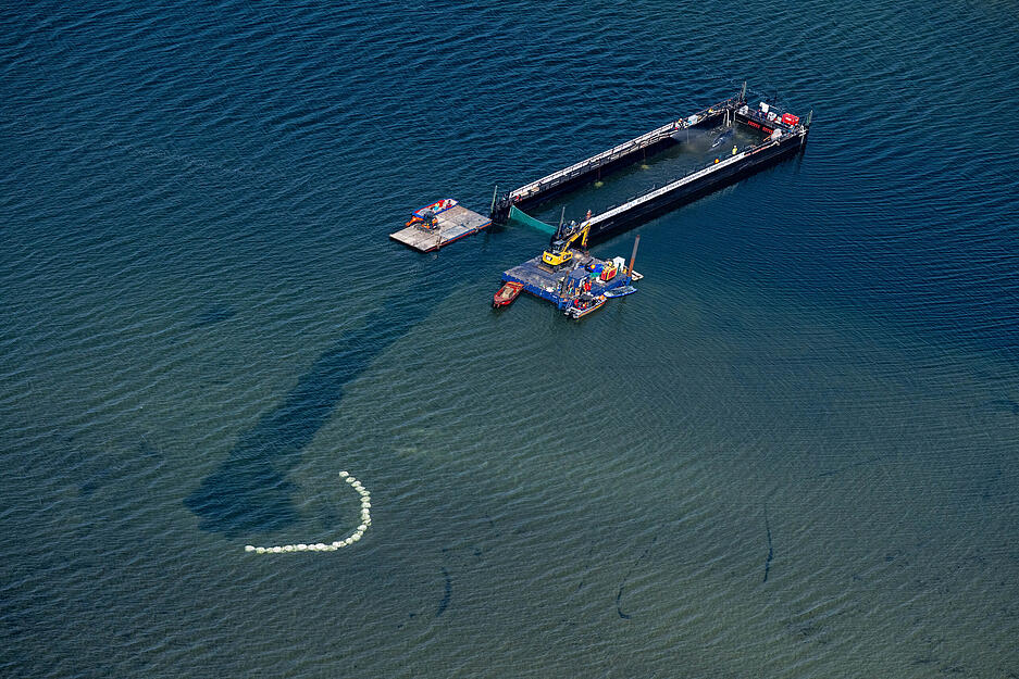 Zuvor wurde der Buckelwal "Timmy" von Helfern &uuml;ber einen Graben in den Lastkahn gezogen.