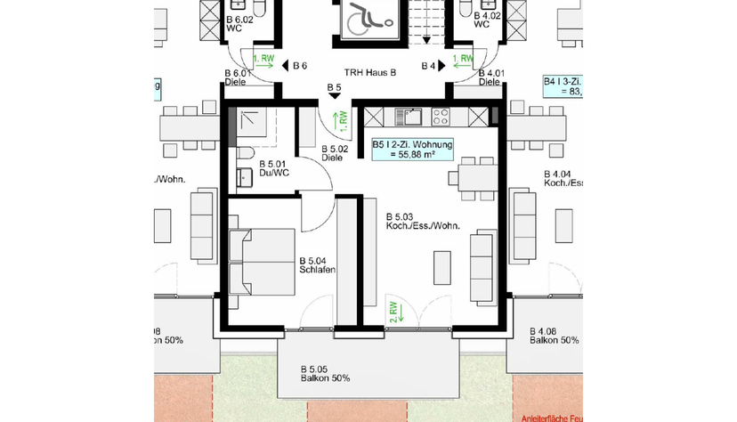 Grundriss einer der Wohnungen, die in &Ouml;hringen-Nord gebaut werden. Jede Wohnung hat einen Balkon oder eine Terrasse.