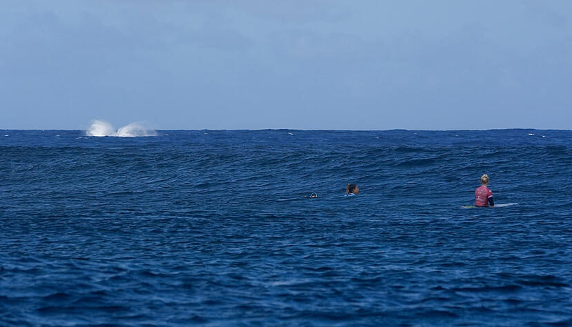 Ein Wal landet nach einem Sprung im Wasser, während Brisa Hennessy aus Costa Rica (M, r) und Tatiana Weston-Webb aus Brasilien während der Halbfinalrunde des Surfwettbewerbs bei den Olympischen Sommerspielen 2024 antreten.