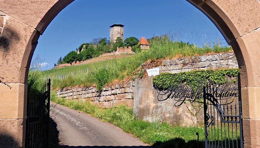 Das Tor gibt einen schönen Blick auf die Burg Hohenbeilstein frei. Sie ist wie in ein Wäldchen eingebettet. Das Tor gibt einen schönen Blick auf die Burg Hohenbeilstein frei. Sie ist wie in ein Wäldchen eingebettet.