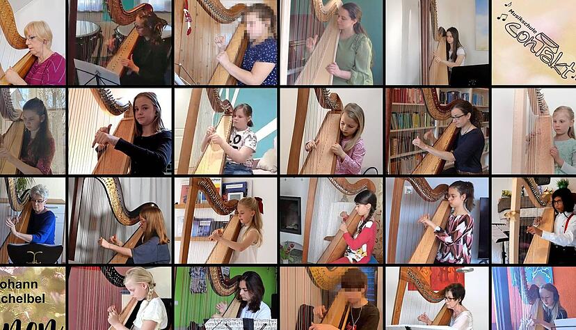 21 Schüler und Maren Ferber haben zu Hause das Pachelbel-Stück eingespielt. Die Harfenistin hat Video- und Tonspuren dann zusammengeschnitten.
Foto: Privat