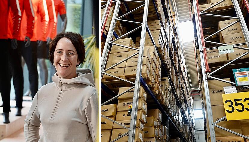 Im Hause Jako darf immer Sportkleidung getragen werden, auch von der Chefin: Nadine Sprügel im Showroom in Hollenbach (links). Das Hochregallager (rechts) wurde kürzlich in Betrieb genommen. Im Hause Jako darf immer Sportkleidung getragen werden, auch von der Chefin: Nadine Sprügel im Showroom in Hollenbach (links). Das Hochregallager (rechts) wurde kürzlich in Betrieb genommen.