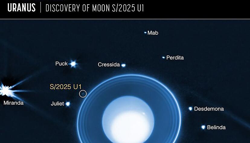 Grafik auf Basis von James-Webb-Daten: Uranus mit seinen Ringen und bekannten Monden. Eingekreist ist der neu entdeckte, nur rund zehn Kilometer große Mond S/2025 U1. Grafik auf Basis von James-Webb-Daten: Uranus mit seinen Ringen und bekannten Monden. Eingekreist ist der neu entdeckte, nur rund zehn Kilometer große Mond S/2025 U1.