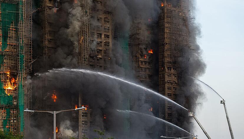Das Feuer breitete sich an Bambusgerüsten und auch im Innenraum der Hochhäuser aus. Das Feuer breitete sich an Bambusgerüsten und auch im Innenraum der Hochhäuser aus.