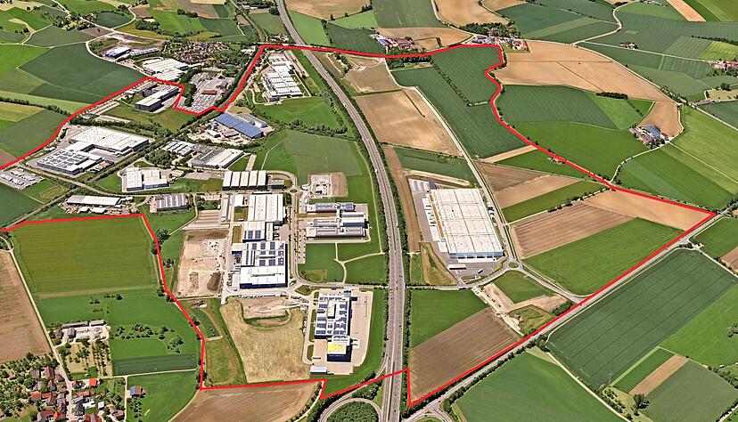 Die Markierung zeigt die Maximalgröße des Gewerbeparks Hohenlohe. Nördlich der A6 wird weitergebaut. Die Markierung zeigt die Maximalgröße des Gewerbeparks Hohenlohe. Nördlich der A6 wird weitergebaut.