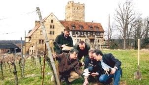 Bei der Pflanzaktion: (von links) Matthias Schilling (WG D&uuml;rrenzimmern-Stockheim), Erbgraf Karl-Eugen von Neipperg und Gert Aldinger (VDP), Rainer Lang (WG Brackenheim), Claus-Peter Hutter (Umweltakademie).Foto: Andreas Veigel