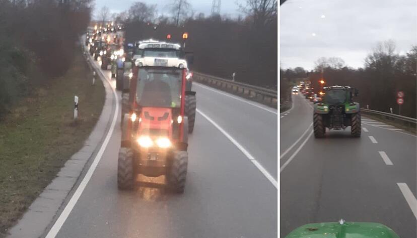 Rund 300 Traktoren sind am Donnerstagmorgen von Pulverdingen bei Vaihingen an der Enz unterwegs nach Stuttgart. Dort ist eine Großkundgebung gegen die Regelungen zum Agrardiesel geplant.