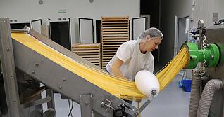In der Produktion wird der Nudelteig durch eine Matrize gepresst. Die Spaghetti bekommen so ihre charakteristische Form und müssen anschließend nur noch geschnitten werden, bevor es in die Trockenmaschine geht.