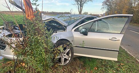 Die Polizei sucht nach dem Fahrer: Ein Auto ist auf der L1106 zwischen Dürrenzimmern und Nordhausen gegen einen Baum geprallt. Die Polizei sucht nach dem Fahrer: Ein Auto ist auf der L1106 zwischen Dürrenzimmern und Nordhausen gegen einen Baum geprallt.