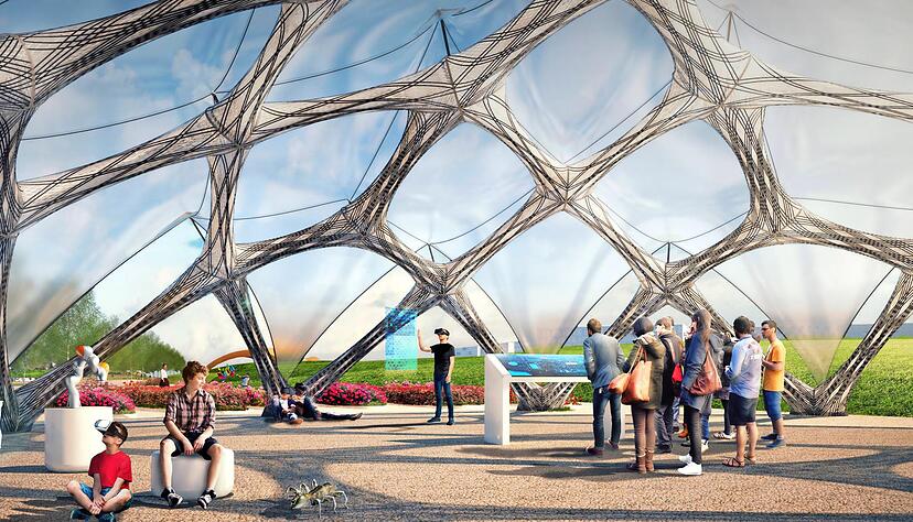 Die Tragstruktur des Faserpavillons besteht nur aus Komponenten, deren individuelle Strukturen aus Glasfasern und Kohlestofffasern in einem robotischen Fertigungsprozess hergestellt werden. Visualisierung: ICD/ITKE