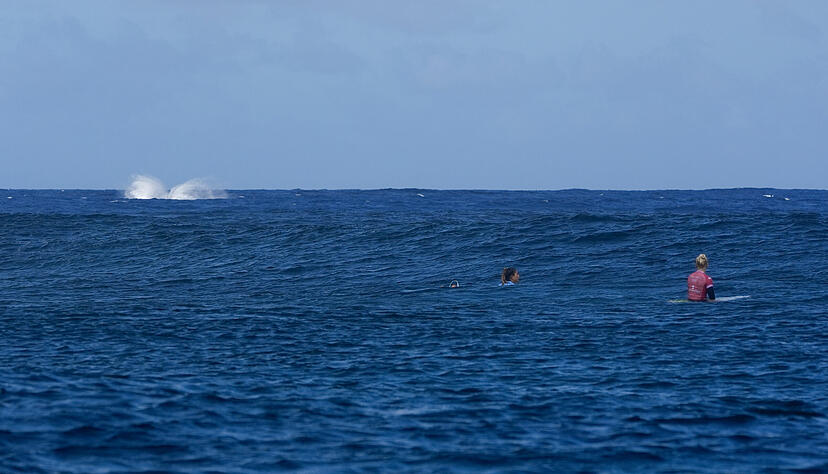 Ein Wal landet nach einem Sprung im Wasser, während Brisa Hennessy aus Costa Rica und Tatiana Weston-Webb aus Brasilien auf die nächste Welle warten.