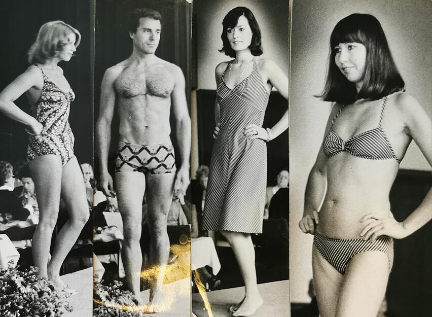 Gemusterte Einteiler, Stretch-Badehosen und Bikinis  mit aufgedruckten Streifen präsentierte der Sportfachhändler Intersport am 24.09.1974.