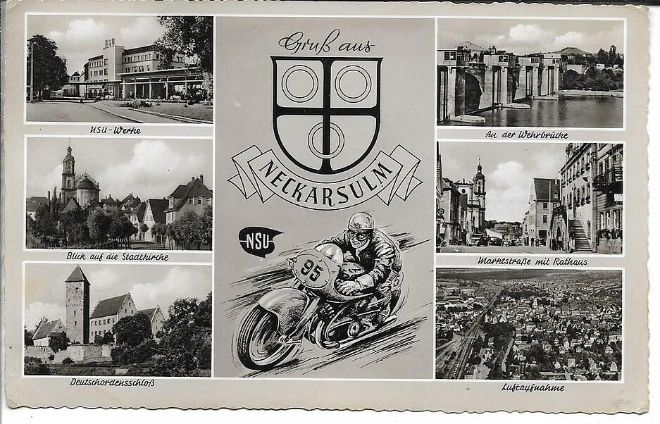 Neckarsulm wirbt auf dieser Karte unter anderem mit der Firma NSU. Neckarsulm wirbt auf dieser Karte unter anderem mit der Firma NSU.