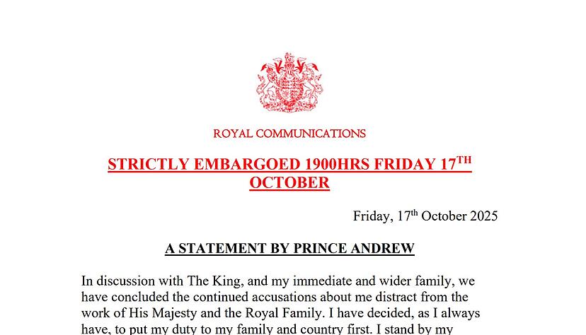 Die Erkl&auml;rung zum Ende von Andrew als Herzog von York.