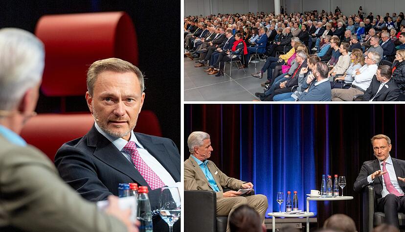 FDP-Chef Christian Lindner beim Stimme-Wahlcheck mit Moderator Uwe Ralf Heer auf dem Heilbronner Bildungscampus.