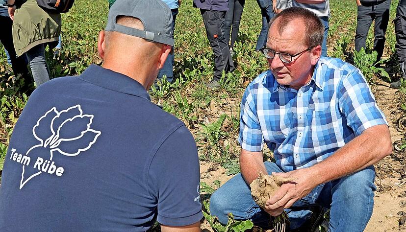Nachdenkliche Mienen bei der Feldbegehung in Untergruppenbach: Landwirt Fritz Riesch in Gespräch mit einem Zuckerrüben-Anbauberater. Nachdenkliche Mienen bei der Feldbegehung in Untergruppenbach: Landwirt Fritz Riesch in Gespräch mit einem Zuckerrüben-Anbauberater.