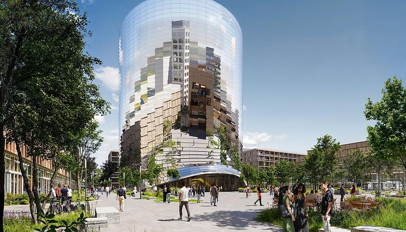 Die Visualisierung zeigt ein Geb&auml;ude des geplanten Innovationsparks K&uuml;nstliche Intelligenz (Ipai). Die ersten Geb&auml;ude sollen von Ende 2025 an gebaut werden. Dies teilte die IPAI Management GmbH mit. Auf eine Fl&auml;che von 30 Hektar entstehe Platz f&uuml;r mehr als 5000 Arbeitspl&auml;tze rund um die K&uuml;nstliche Intelligenz. Die ersten Bauten sollen dann Ende 2027 genutzt werden k&ouml;nnen.