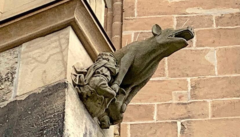 In rund sieben Meter H&ouml;he h&auml;ngt die "Judensau"-Skulptur an der Ritterstiftskirche St. Peter in Bad Wimpfen. Foto: Ulrike Plapp-Schirmer