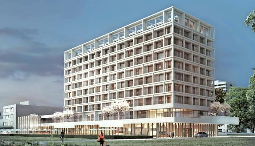 Das Parkhotel im urspr&uuml;nglichen Entwurf. Nach den &Auml;nderungen wird der Zimmerturm etwa sieben Meter schmaler. 160 Zimmer soll es geben. Animation: Berthold Architekten