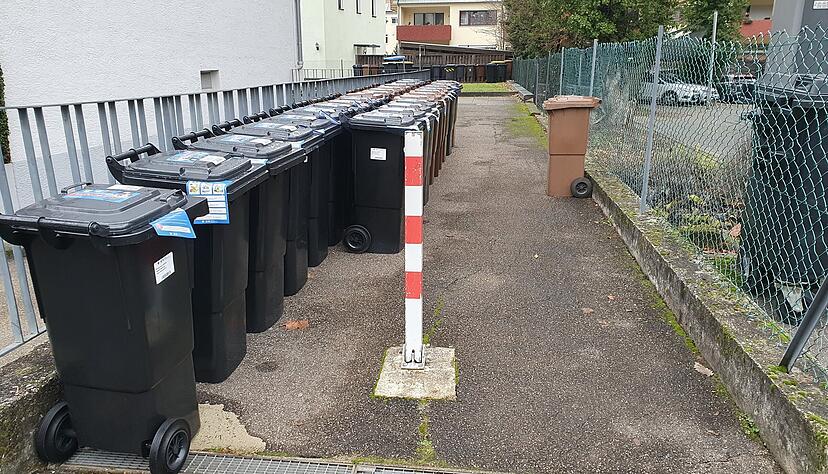 Blick in einen Hauseingang im Heilbronner Osten: links die neuen Tonnen, rechts eine alte. Die alten Tonnen sollen Anfang 2026 abgeholt werden.