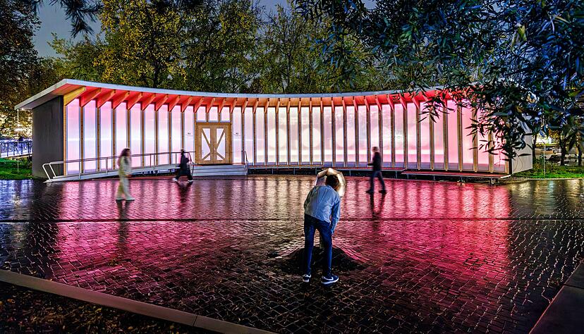 Im Dunkeln wird der Vorplatz der experimenta durch "Echo" in farbenfrohes Licht getaucht.