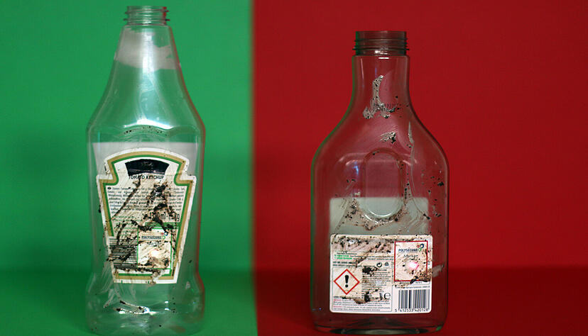 Selbst wenn das Etikett stark verschmutzt ist, lässt sich über den spezigfisch leuchtenden Marker der Verpackungstyp eindeutig erkennen. Foto: HS Pforzheim / Polysecure GmbH) Selbst wenn das Etikett stark verschmutzt ist, lässt sich über den spezigfisch leuchtenden Marker der Verpackungstyp eindeutig erkennen. Foto: HS Pforzheim / Polysecure GmbH)