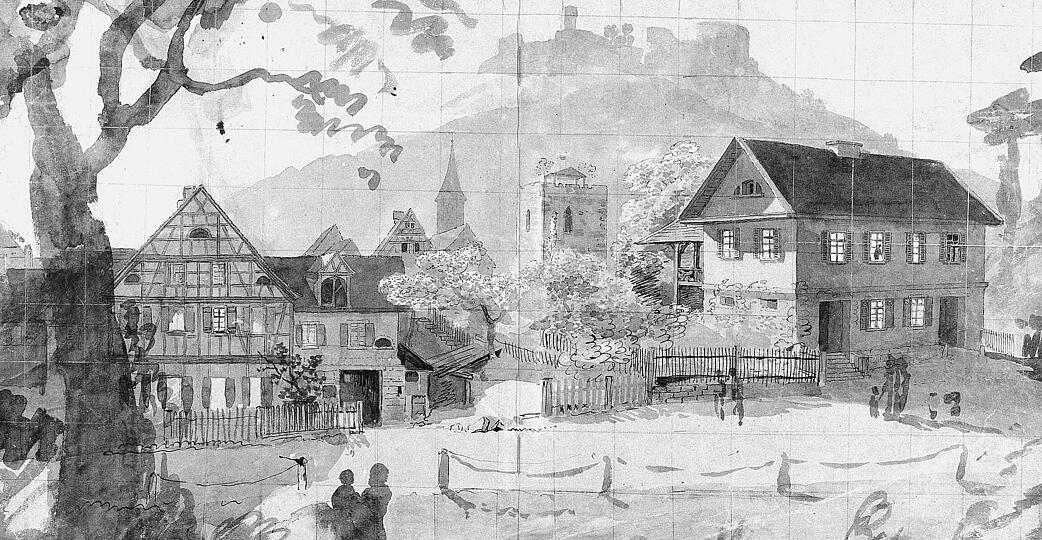 Aquarellierte Tuschezeichnung des Kernerhauses mit Geisterturm und Weibertreu von Carl D&ouml;rr, 1826.