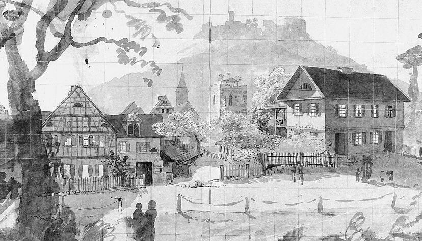 Aquarellierte Tuschezeichnung des Kernerhauses mit Geisterturm und Weibertreu von Carl D&ouml;rr, 1826.