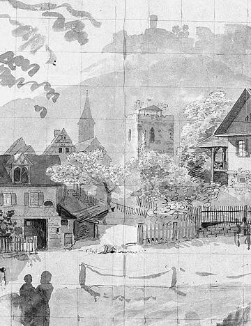 Aquarellierte Tuschezeichnung des Kernerhauses mit Geisterturm und Weibertreu von Carl D&ouml;rr, 1826.