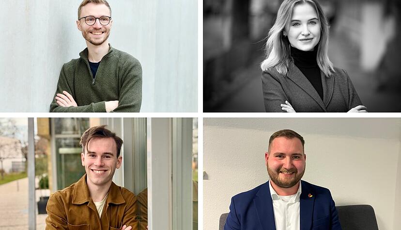 Kandidaten unter 30 aus Baden-W&uuml;rttemberg, die um den Einzug in den Bundestag k&auml;mpfen. Von links oben im Uhrzeigersinn: Jonathan Ebert (Gr&uuml;ne), Laura Hahn (FDP),  Benjamin G&ouml;tz (AfD) und Philipp Hensinger (SPD).