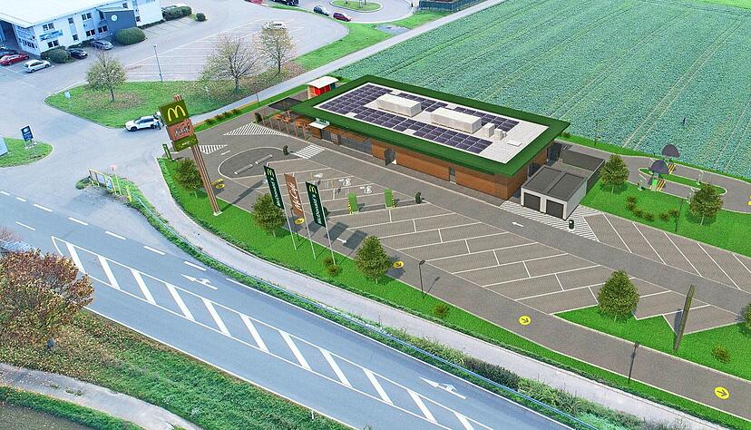 Grafische Ansicht der geplanten Filiale von McDonalds in Eppingen. Links angrenzend: Das Mercedes-Autohaus samt T&Uuml;V.
