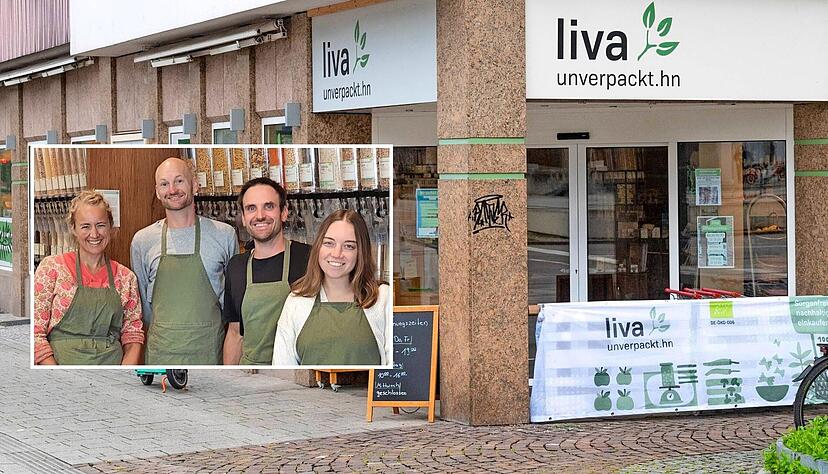Der Unverpackt-Laden an der Allee (großes Foto) bleibt auch im neuen Jahr geöffnet. Die Liva-Gründer Linda Tiedemann (kleines Foto, von links) und Patrick Wimmer mit ihren neuen Partnern im Unternehmen, Jochen Peschke und Lisa Hahn-Woernle.