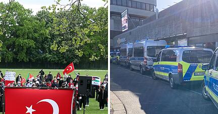 Im Mai 2021 demonstrierten Teilnehmer in Heilbronn für ein freies Palästina (links). Bereits am letzten Sonntag war die Polizei mit einem Großaufgebot in der Heilbronner Innenstadt,