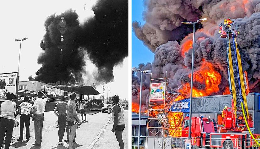 In Mosbach-Neckarelz brannte ein Einkaufscenter aus (rechts). 1985 entstanden ähnliche Bilder bei einem Brand in Sontheim.
