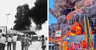 In Mosbach-Neckarelz brannte ein Einkaufscenter aus (rechts). 1985 entstanden ähnliche Bilder bei einem Brand in Sontheim.