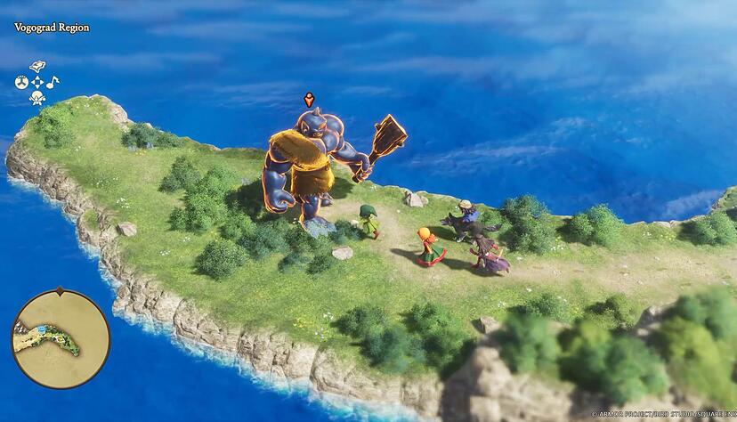 Gro&szlig;er Bosskampf auf kleiner Insel in &laquo;Dragon Quest VII Reimagined&raquo;.