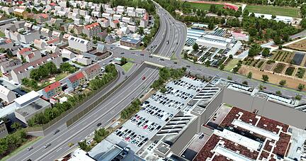 Ein Planungsstand: Zeitweise präsentierte das Rathaus diesen Entwurf, wie die B27 mit der Binswanger Straße hätte verbunden werden sollen.
Visualisierung: Stadt Neckarsulm