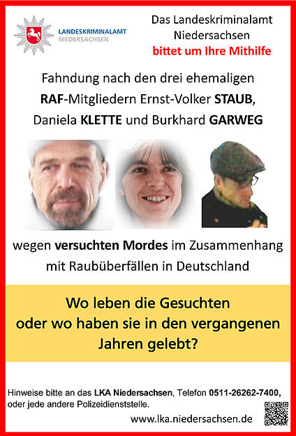Das Handout des LKA Niedersachsen zeigt die zweite Seite eines neuen Fahndungsaufrufs, mit dem die Polizei nach einem Ex-RAF-Trio sucht. Nach der Festnahme der fr&uuml;heren RAF-Terroristin Daniela Klette haben die Fahnder wenig sp&auml;ter in Berlin eine weitere Person festgenommen. Die Identit&auml;t ist derzeit noch unklar.