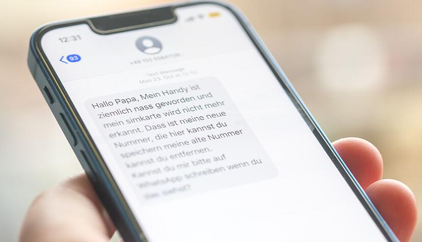Eine Frau h&auml;lt ein Smartphone in ihrer Hand, auf dessen Display eine Betrugs-SMS zu lesen ist.
