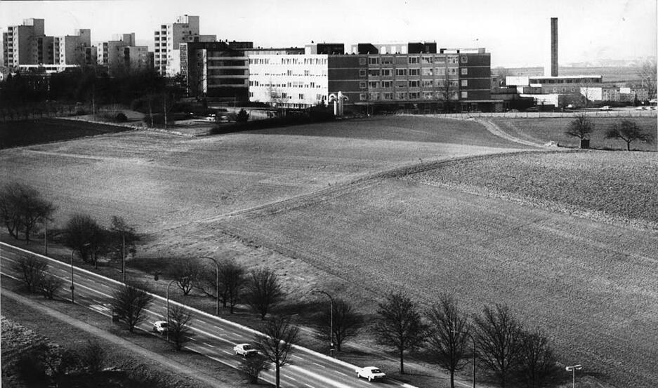 Februar 1983: Auf dieser Fläche des Neckargartacher Nonnenbuckels nördlich der Saarlandstraße werden die Neubauten erstellt. Im Hintergrund die Kinderklinik und die städtische Frauenklinik. Februar 1983: Auf dieser Fläche des Neckargartacher Nonnenbuckels nördlich der Saarlandstraße werden die Neubauten erstellt. Im Hintergrund die Kinderklinik und die städtische Frauenklinik.