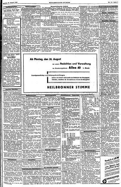 Am 28. August 1948 informiert die Heilbronner Stimme ihre Leser über den Umzug in  die Allee 40. Am 28. August 1948 informiert die Heilbronner Stimme ihre Leser über den Umzug in  die Allee 40.