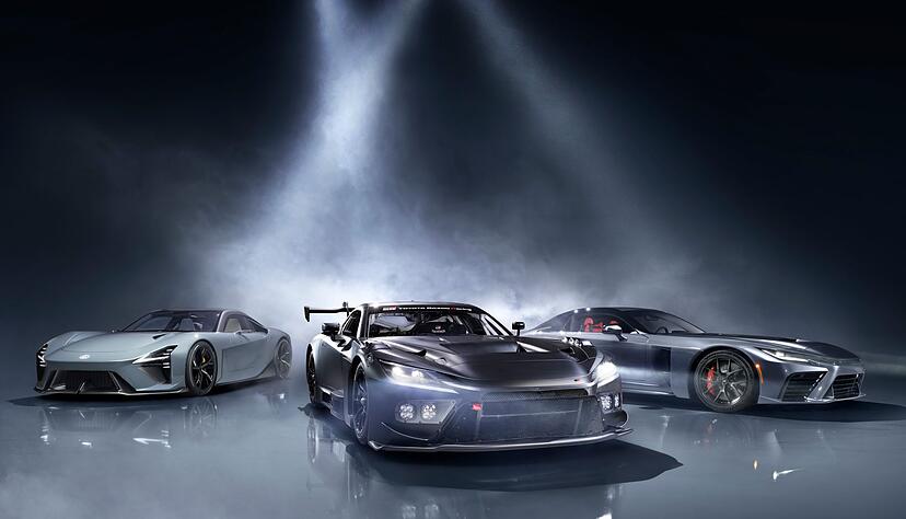 Toyota Gazoo Racing und Lexus haben gemeinsam drei neue Sportwagen f&uuml;r Stra&szlig;e und Rennstrecke enth&uuml;llt: Lexus LFA Concept(l-r), GR GT3 und GR GT.