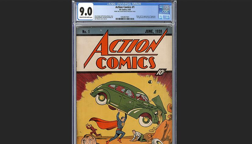 Das Comic-Heft zeigt auf dem Cover Superman in Spandexhosen mit einem roten Cape.